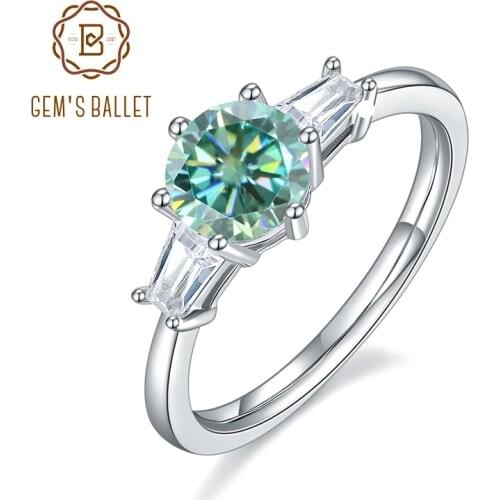 GEMS BALLET 925 Sterling Silver Green Moissanite Ring For Women 1.0Ct 6.5mm Baguette Round Moissanite Engagement Ring Setting