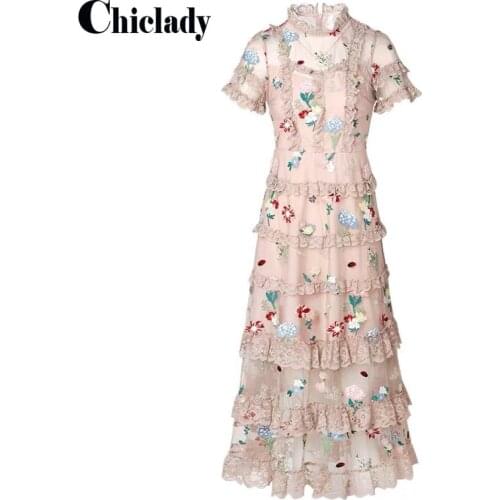 CHICLADY flower embroidery o-neck short sleeve runway designer sping summer casual daily dresses for women partch work mesh new