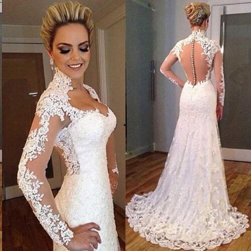 Vestido De Noiva Long sleeve Mermaid Wedding Dress Illusion Lace Bridal Gowns Robe De Mariee 2020 Trouwjurk White Wedding Dress