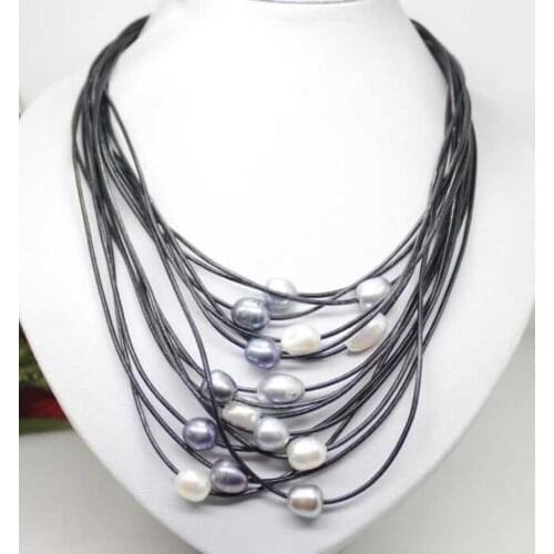 10-12mm Real White Gray Black Freshwater Pearl Pendant Necklace Leather Cord Magnet Clasp Fashion Jewelry