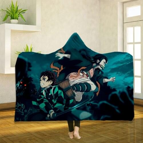 Anime Demon Slayer 3D Printing Throw Hooded Blanket Wearable Warm Fleece Bedding Office Quilts Soft Adults Travel 01