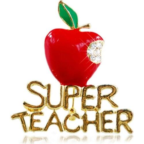 Brand Enameled Christmas Red Apple and Super Teacher Brooch Pins for Xmas Days Gifts