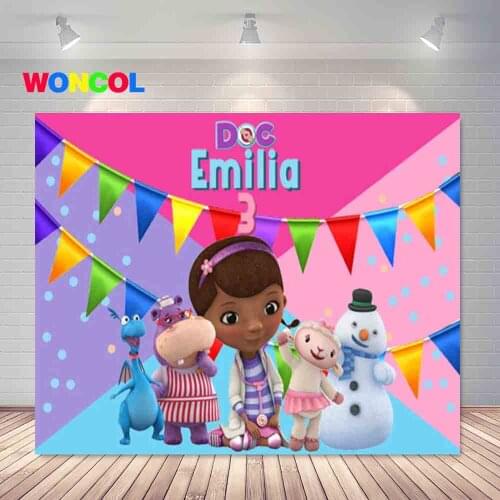 Woncol Doc Mcstuffins Photography Backdrop Girls Happy Birthday Cartoon Photo Background Pink Custom Vinyl Photo Booth Props