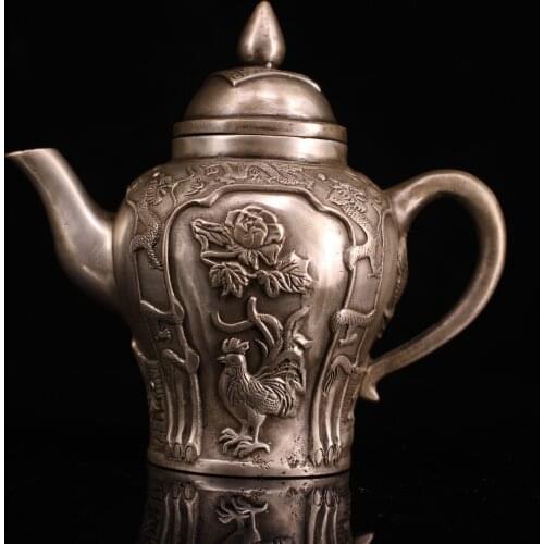 6"Chinese temple collection Old Bronze Gilt silver Rooster statue Goldfish texture kettle flagon teapot Office Ornaments