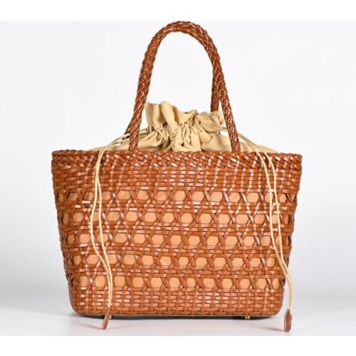 Summer new Genuine Leather Hollowed Woven Shoulder Bag with Casual Woven Inside Bag Vintage Shopping Bag Cowhide Tote Bag