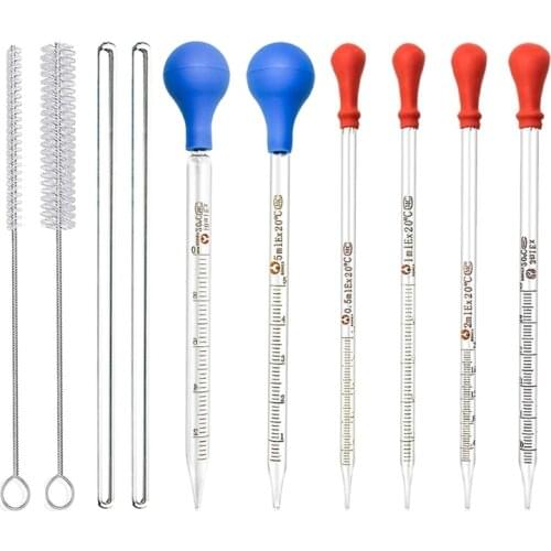 Glass Pipettes Set Glass Graduated Dropper Pipette 0.5ml 1ml 2ml 3ml 5ml 10ml with Rubber Cap Droppers Cleaning Brush B36C