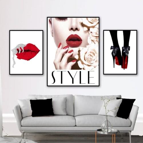 Wall Art Canvas Painting Red Lips Flower Paris Girl Fashion Nordic Posters And Prints Wall Pictures For Living Room Salon Decor