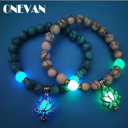 Natural Stones Glowing In The Dark Bracelet Luminous Lotus Flower Shaped Charm Bracelet for Women Yoga Prayer Buddhism Jewelry