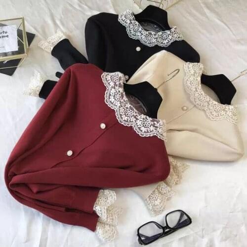 Autumn Patchwork Lace Collar Sweater Women jumpers pull femme knitted Cardigans