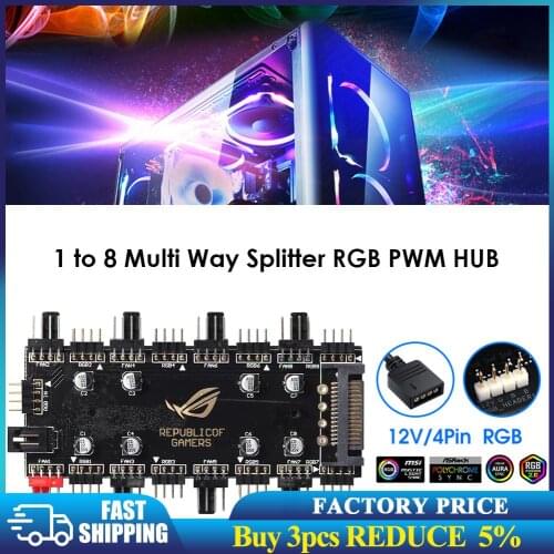 1 To 8 Multi Way Splitter RGB PWM HUB for PC Fan Cooler Motherboard 12V/4 Pin LED Strip Light Adapter Powered By SATA/Large 4D