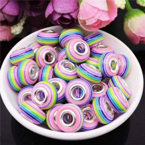 10Pcs New Rainbow Striped Mixed Candy Color Women Girls Plastic Resin Beads Charms Fit Pandora Bracelet For DIY Jewelry Making