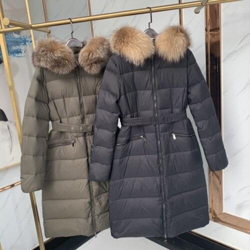 European station autumn and winter down jacket female white duck down waist waist new Mengjia large fur collar mid-length coat