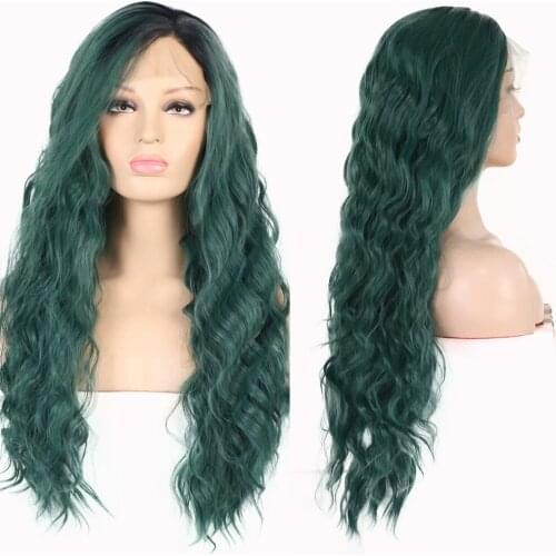 QUINLUX WIGS Pre Plucked Lace Front Green Body Wavy Wigs For Black Women Cosplay Show Synthetic Hair With Side Part Heat Fiber