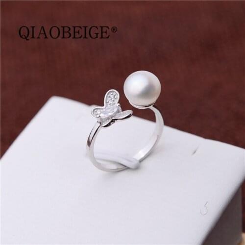 QIAOBEIGE 925 silver setting adjustable butterfly open finger ring findings base bread pearl mounting for DIY