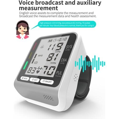 Electronic Wrist Blood Pressure Monitor with Tri-color Indicator Light Voice Prompt Storage Portable Household Sphygmomanometer