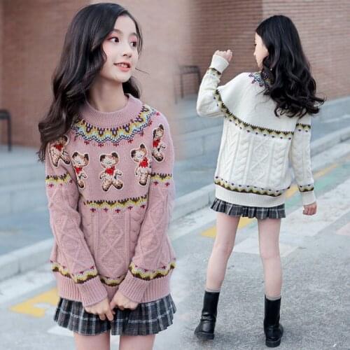 Girls Sweater Kids Coat Outwear 2021 Bear Plus Velvet Thicken Warm Winter Autumn Knitting Tops Cotton Pullover Childrens Clothi