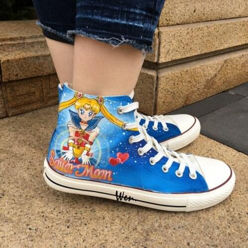 Wen Blue Anime Hand Painted Shoes Sailor Moon Men Womens Sneakers Design Custom High Top Canvas Sneakers For Boys Girls