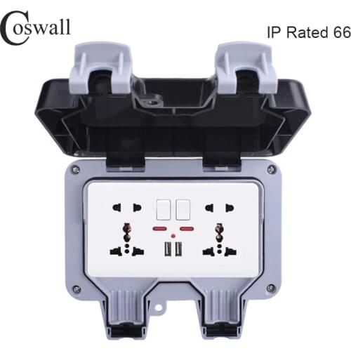 Coswall IP66 Weatherproof Waterproof Outdoor BOX Wall Socket 13A Double Universal / UK Switched Outlet With USB Charging Port