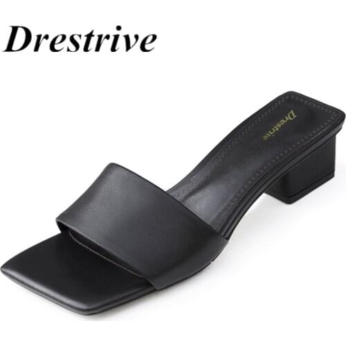 Drestrive Women Sandals Thick Heels 3.5 cm Square Toe Cow Leather Classics Female Slipper Summer Black Mid Heels 3.5 cm