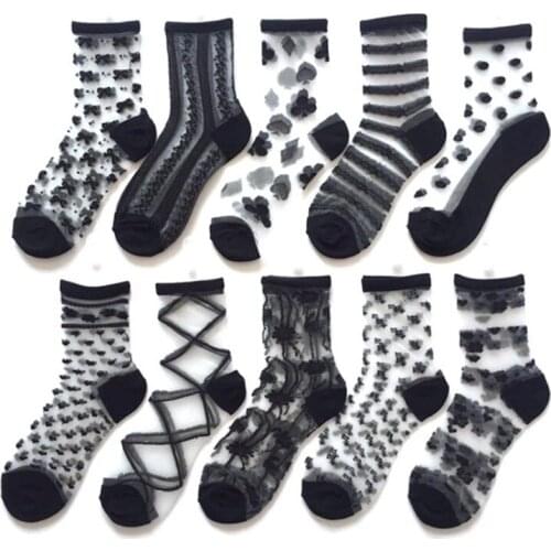 Ladies Black White Transparent Mesh Ankle Socks Women Spring Summer Thin Meais Calcetines Mujer Female Chaussette Femme 10 Pairs