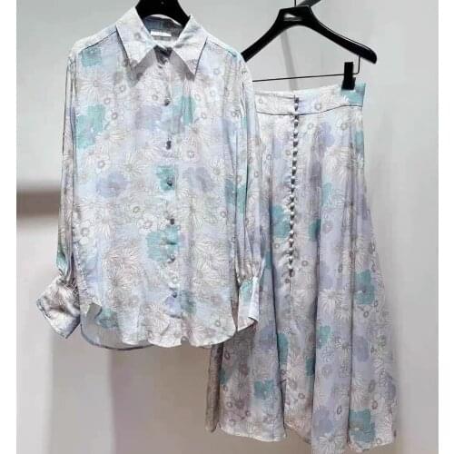 Womens summer two-piece set French brand new sunflower print elegant long-sleeved shirt top with half skirt suit