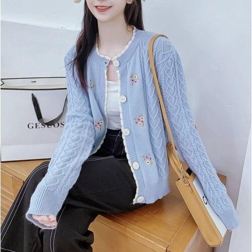 Women 2021 Spring Summer Chic Knit Sweaters Fashion Embroidery Cardigans Ladies O-neck Casual All-match Casual Knitwear Coat C91