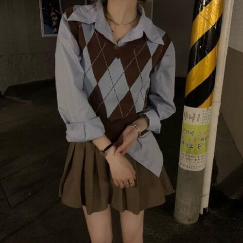 Retro Y2k Argyle Knitted Pullovers Vest Womens Summer Autumn 2021 Fashion Korean V-neck Crop Tops Preppy Style Sweater Vest