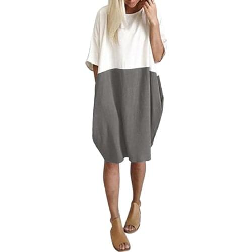 &35 Autumn Dress Women Casual Loose Linen Patchwork Vadim Half Sleeve Soild Button Splice Pocket Dress Платья Женские