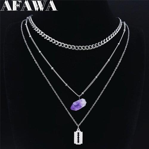 2021 Purple Natural Crystal Stainless Steel Witchcraft Blade Layered Necklace Women Silver Color Jewelry collier femme NXS02
