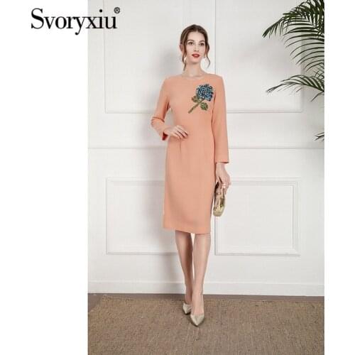 Svoryxiu Runway Autumn Fashion Women Solid Knee-Length Pencil Dress O-Neck Sequins Diamond Beaded Hydrangea Pattern Prom Dresses