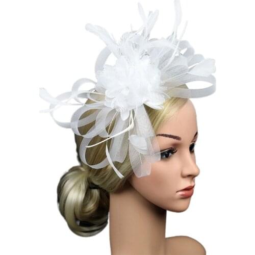 2020 Womens Feather Mesh Ribbon Fascinator Hat Contrast Color Flower Wedding Headband