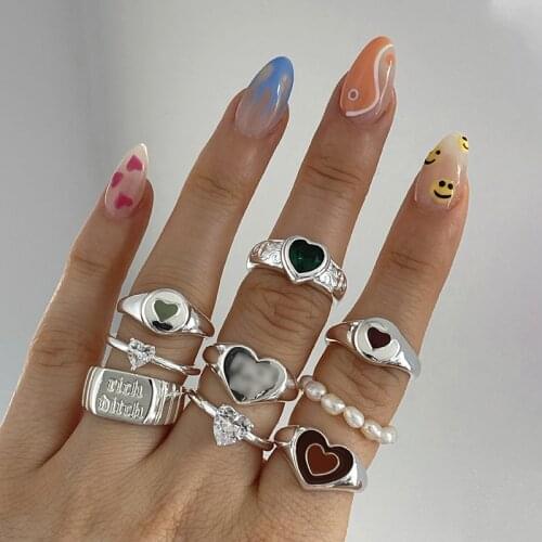 2021 Y2k Jewelry Multilayer Drip Oil Heart Rings for Women Metal Punk Hiphop Vintage Goth Rings Charms 90s Aesthetic New Gift