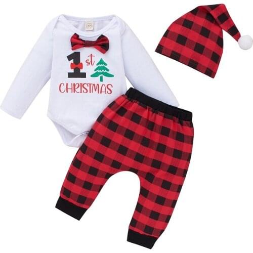 My 1st Christmas Newborn Baby Boy Long Sleeve Cotton Bodysuit Tops Plaid Long Pant Trouser Hat 3PCS Xmas Clothing Set