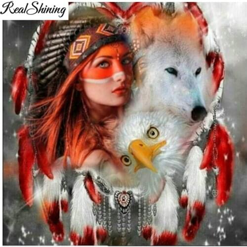 REALSHINING 3D Diy Diamond Painting Indians Wolf Feather Mosaic 5D Cross Stitch Full Square Diamond Embroidery Home Decor FS1738