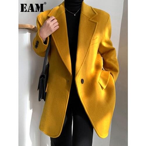 [EAM] Loose Fit Yellow Temperament Long Woolen Coat Parkas New Long Sleeve Women Fashion Tide Autumn Winter 2021 1DD3991