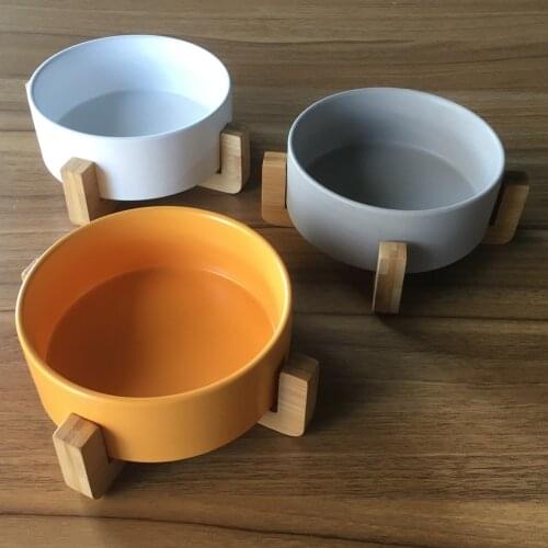 Ceramic Pet Bowl with Bamboo Stand Cat Puppy Feeding Supplies Single Pet Bowls Dog Food Water Feeder Durable Dog Drinking Dish