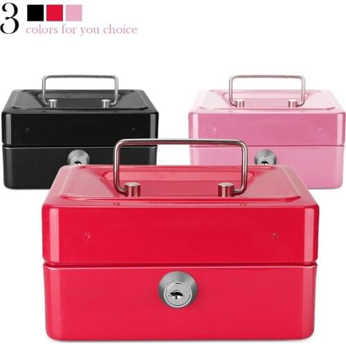 Mini Black Metal Stainless Steel Piggy Bank Safety Deposit Box For Money Coin Cash Tray With Secret Key Cash Drawer Carry Box