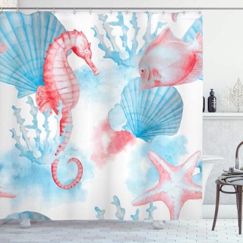Nautical Shower Curtain Shells Sea Horse Corals Fish Sandy Beach Exotic Watercolor Effect Bathroom Decor Set with Hooks 84" Long