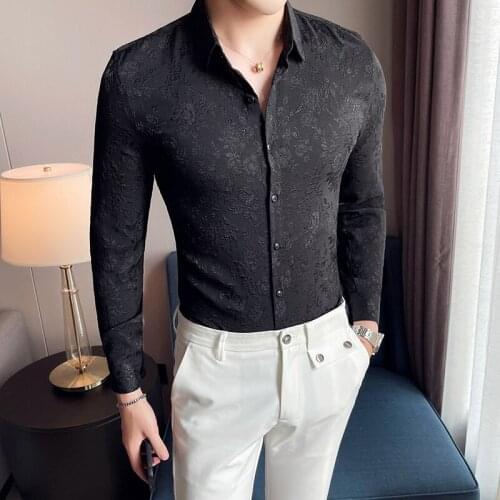 2021 Obscure Flower Mens Shirt Long Sleeve Slim Vintage Casual Formal Dress Shirts Streetwear Social Party Tuxedo Male Clothing