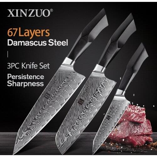 XINZUO 3PCS Kitchen Knife Set Damascus Steel Knives Newarrive Ultra Sharp Cutlery Chef Utility Santoku Knife Kitchen Tools