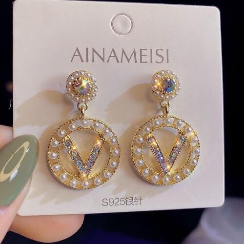 NewRoundSquareEarringsPartyJewelryGiftGoldenFashionLadies2021WomensLuxuryRhinestoneGeometricDropPearlEarrings