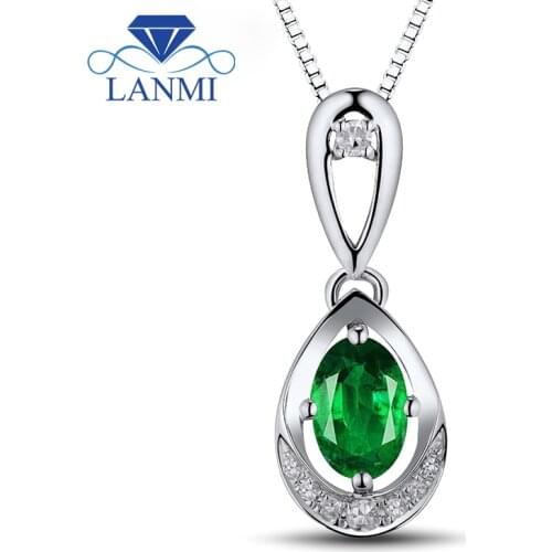 Natural Gemstone Pendant Fine Jewelry Oval 4x6mm Good Quality Emerald Diamond In 18K White Gold WP054