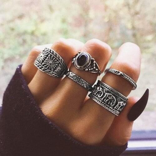 Various Styles Of Vintage Rings Set Big Stainless Steel Bohemian Round Totem Womens Rings With Black Stone Bague Anel
