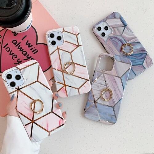 Plating Splice Geometric Marble Soft TPU Phone Case for iPhone 12 Mini 11 Pro XS Max XR 7 8 Plus Finger Ring Holder Stand Cover