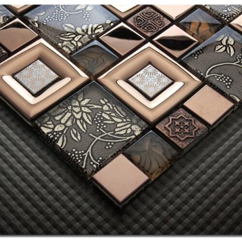 Vintage Style Golden Metal Resin mix Crystal Glass Mosaic Tiles, Living Room Kitchen Backsplash Fireplace Art Puzzle Wall Decor