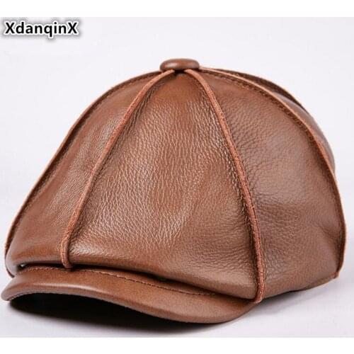 XdanqinX Genuine Leather Hat Unisex Autumn Winter Cowhide Beret Elegant Womens Fashion Hats Mens Warm Leather Cap Snapback Cap