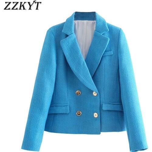 2021 Women Spring Vintage Solid Tweed Jacket Coat Fashion Lapel Collar Double Breasted Office Lady Female Outerwear Chic Tops