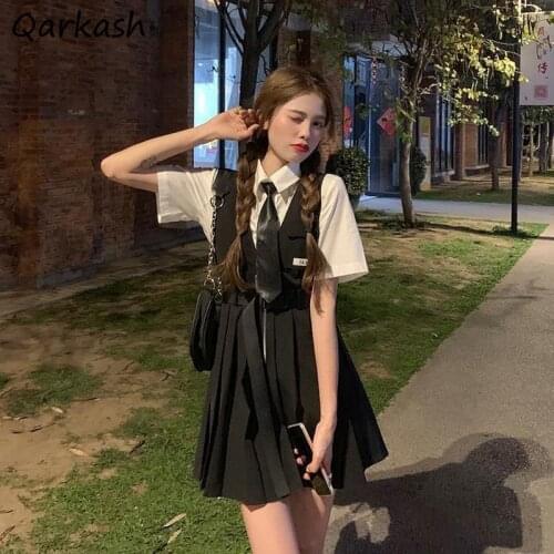Sets Women All-match Summer Basic Pure Shirt and Preppy 2021 Slim Pleated Sleeveless Dress Fashion Students Japan Style Outfits