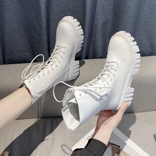 Women Motorcycle Boots Wedges Flat Shoes Woman High Heel Platform PU Leather Boots Lace Up Women Shoes Black Boots Girls