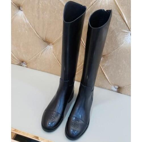 Moraima Snc Flower Embroidery Knee High Boots Black Leather Riding Boots Woman Round Toe Flat Shoe Fashion Long Shoes